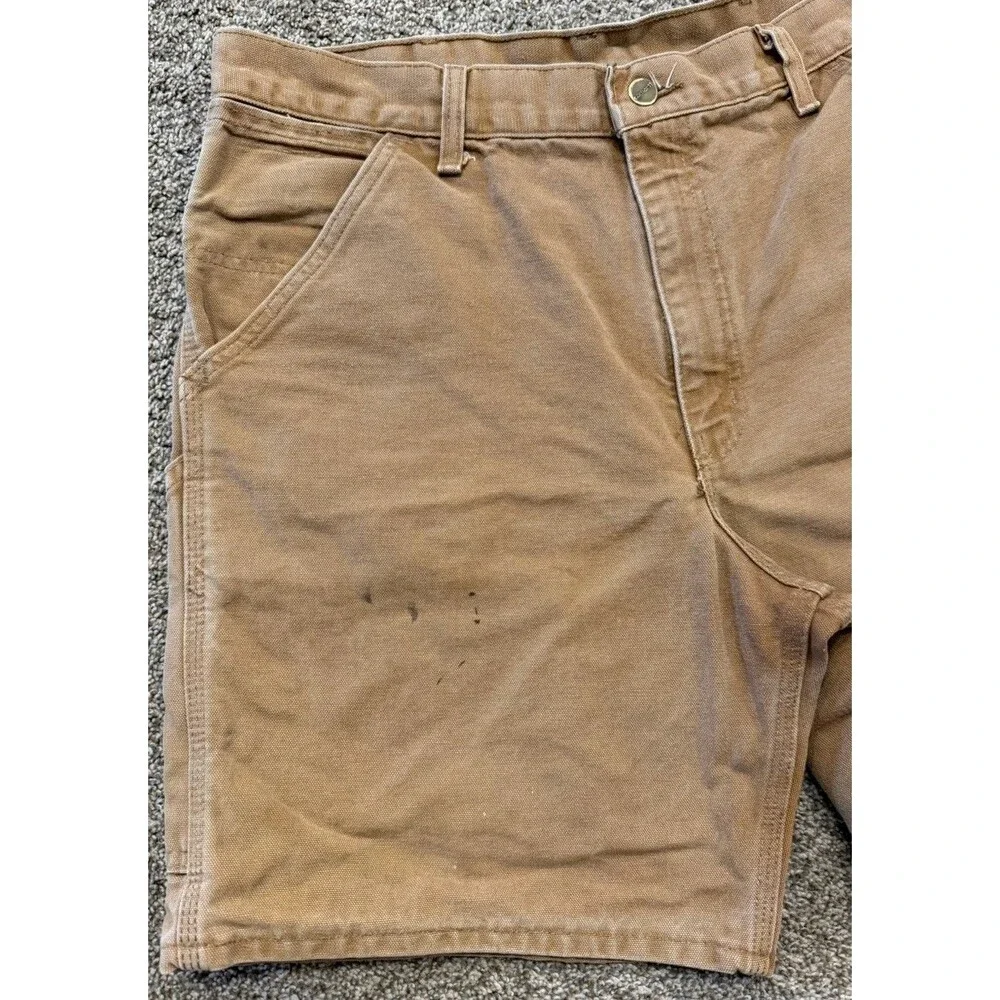 Vintage CARHARTT B25 BRN Carpenter Canvas LEATHER PATCH Shorts Sz 32/34 USA MADE